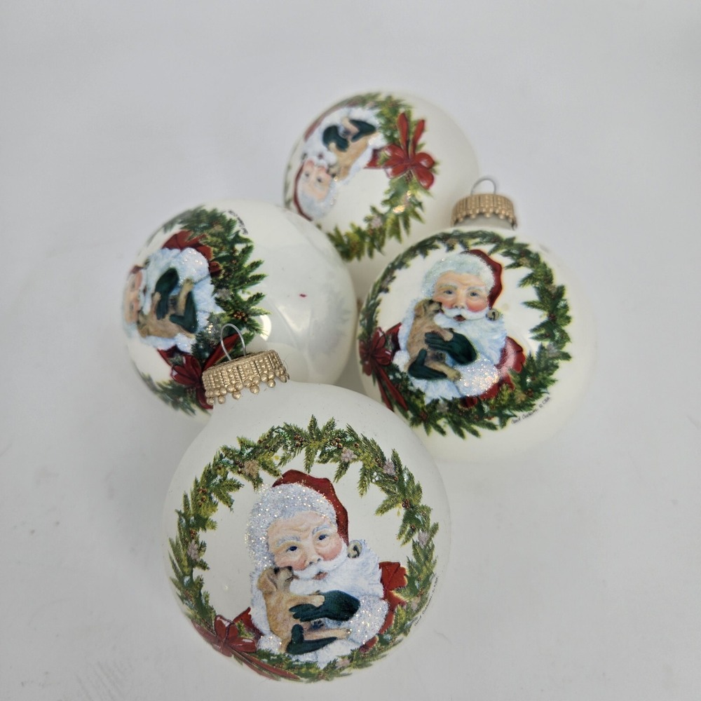 Vtg Christmas Ornament Glass Glossy White Ball Santa Wreath Puppy 4 Count CBK‎